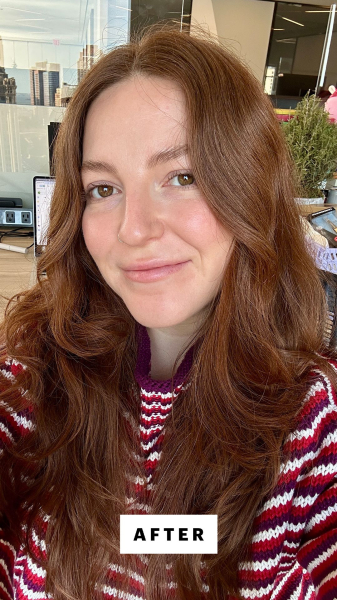 Allure senior staff writer Elizabeth Gulino after applying the Jones Road The Eyeshadow Stick